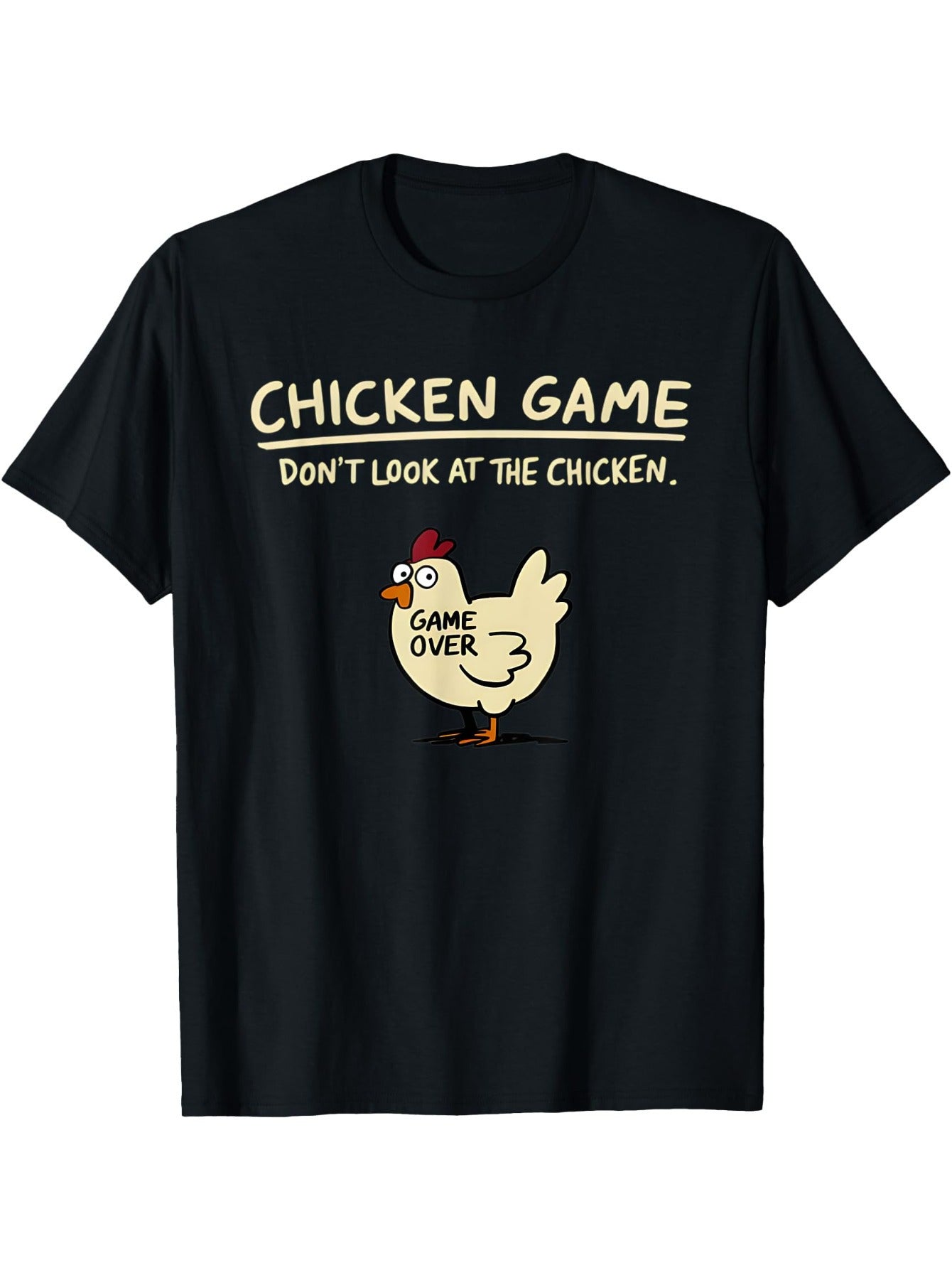 Quirky Chicken Game T-Shirt – Playful Cartoon Design with Bold Text, Black Short-Sleeve Crew Neck Summer Style, Casual Essential, Relaxed Fit | Fun and Comical T-Shirt | Comfortable Fit Perfect for Game Nights.