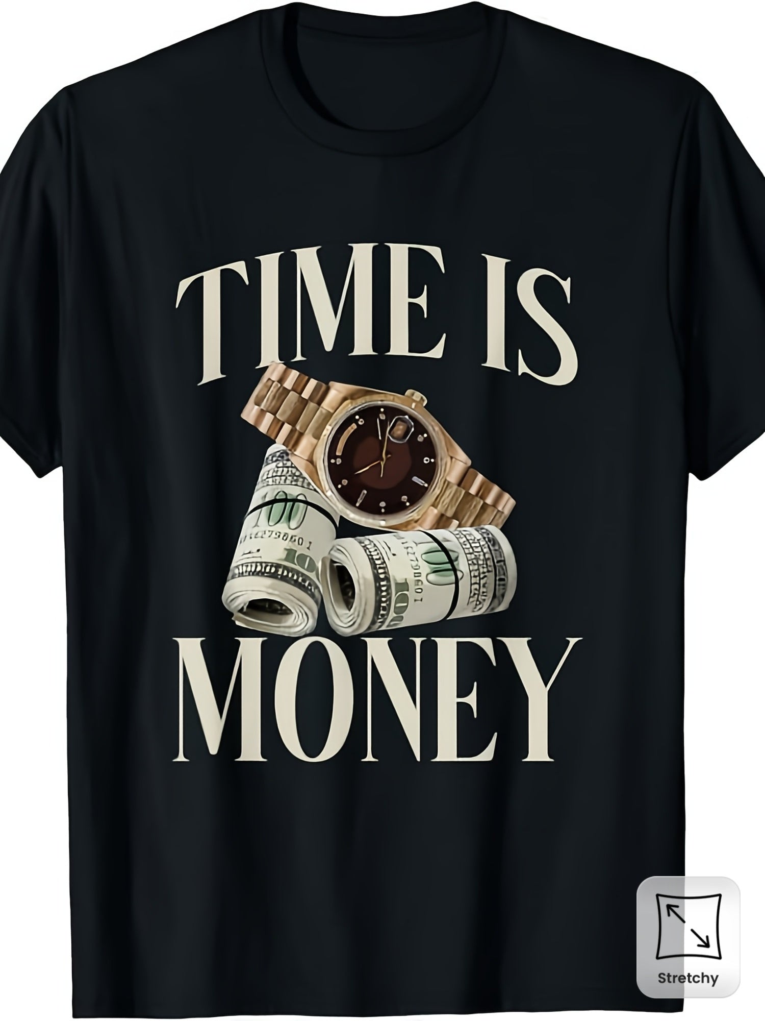 Rich Statement Unisex Graphic T-Shirt (Time is Money with Luxury Watch and Cash Design) – Black Short-Sleeve Crew Neck Urban Style, Trendy Essential, Relaxed Fit | Money Motivational T-Shirt | Comfortable Fashion Statement.