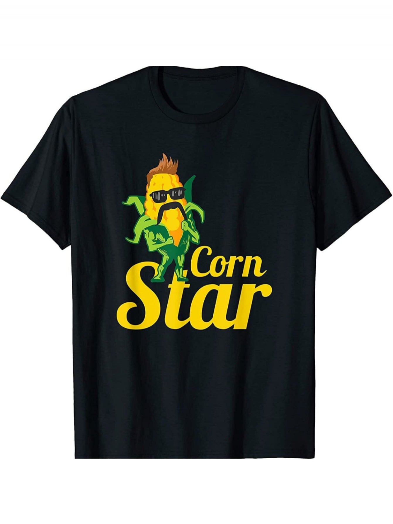 Quirky Corn Star Graphic T-Shirt – Black Short-Sleeve Crew Neck, Fun Summer Style, Casual Essential, Relaxed Fit | Unique Corn Design | Comfortable Wear for All Occasions.