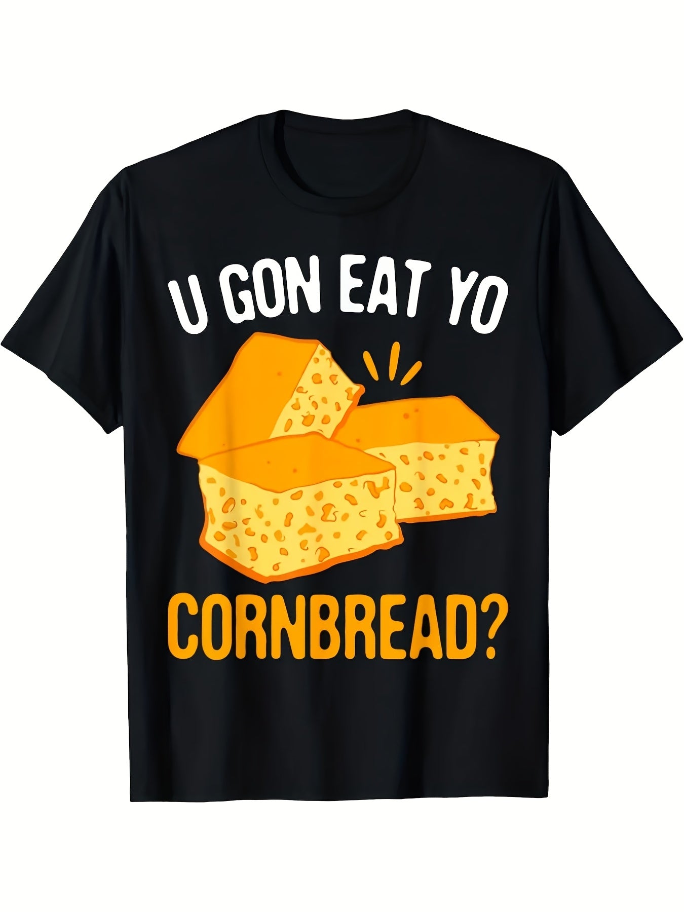 Unisex Fun Graphic T-Shirt (Cheesy Cornbread Humor) – Black Short-Sleeve Crew Neck Summer Style, Casual Essential, Relaxed Fit | Playful Foodie T-Shirt | Comfortable Fit