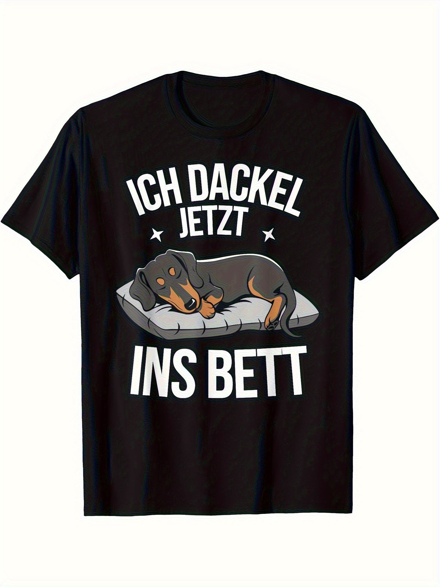 Unisex Casual Printed T-Shirt (Dachshund Dreams) – Black Short-Sleeve Crew Neck Summer Style, Casual Essential, Relaxed Fit | Dog Lover T-Shirt | Comfortable Fit