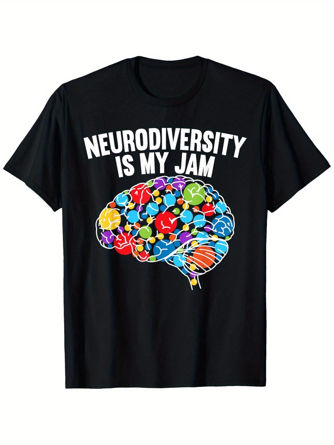 Neurodiversity Celebration T-Shirt – Black Short-Sleeve Crew Neck with Colorful Brain Design, Casual Essential for All Styles, Perfect for Everyday Wear | Embrace Diversity T-Shirt | Comfortable Fit.