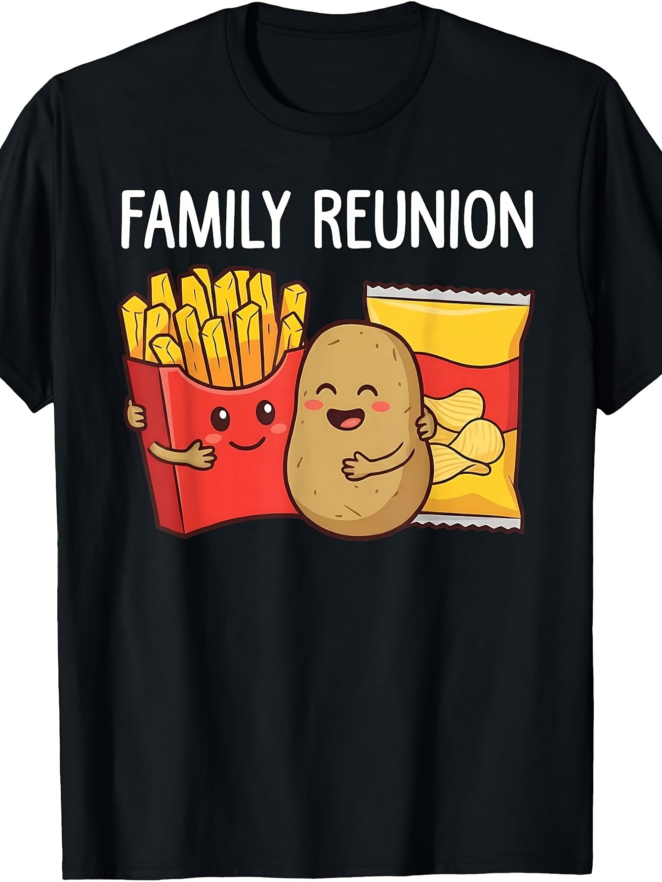 Family Reunion Fun T-Shirt (Cute Cartoon Snacks) – Black Short-Sleeve Crew Neck Summer Style, Perfect for Family Gatherings, Casual Essential, Relaxed Fit | Snack Lover's T-Shirt | Comfortable and Playful.