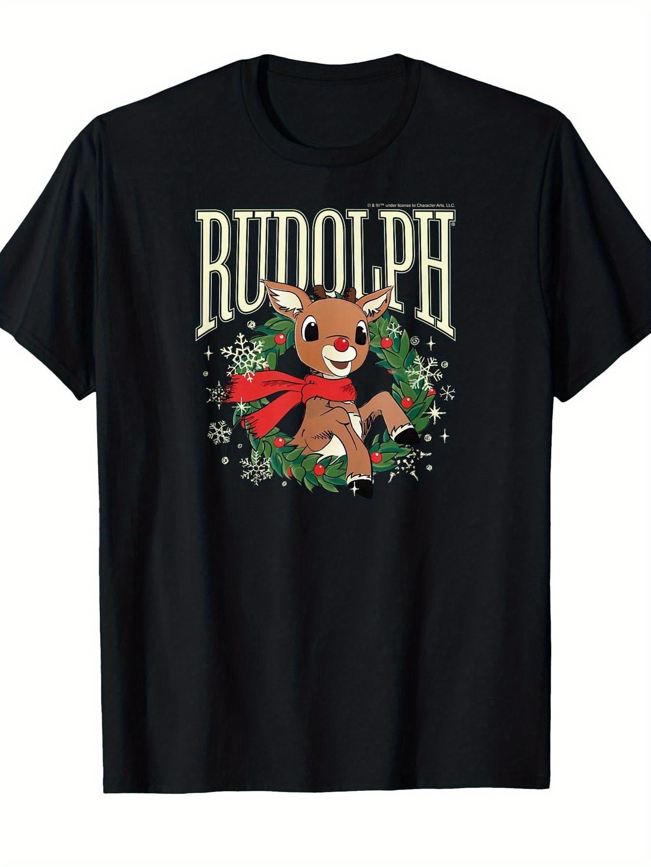 Men'S And Women'S Christmas T-Shirt Featuring Rudolph The Red-Nosed Reindeer - A Short-Sleeve, Casual Round-Neck Tee with a Classic Rudolph Design, Perfect for Year-Round Comfort, Suitable for Unisex Wear at Holiday Gatherings And Everyday Use