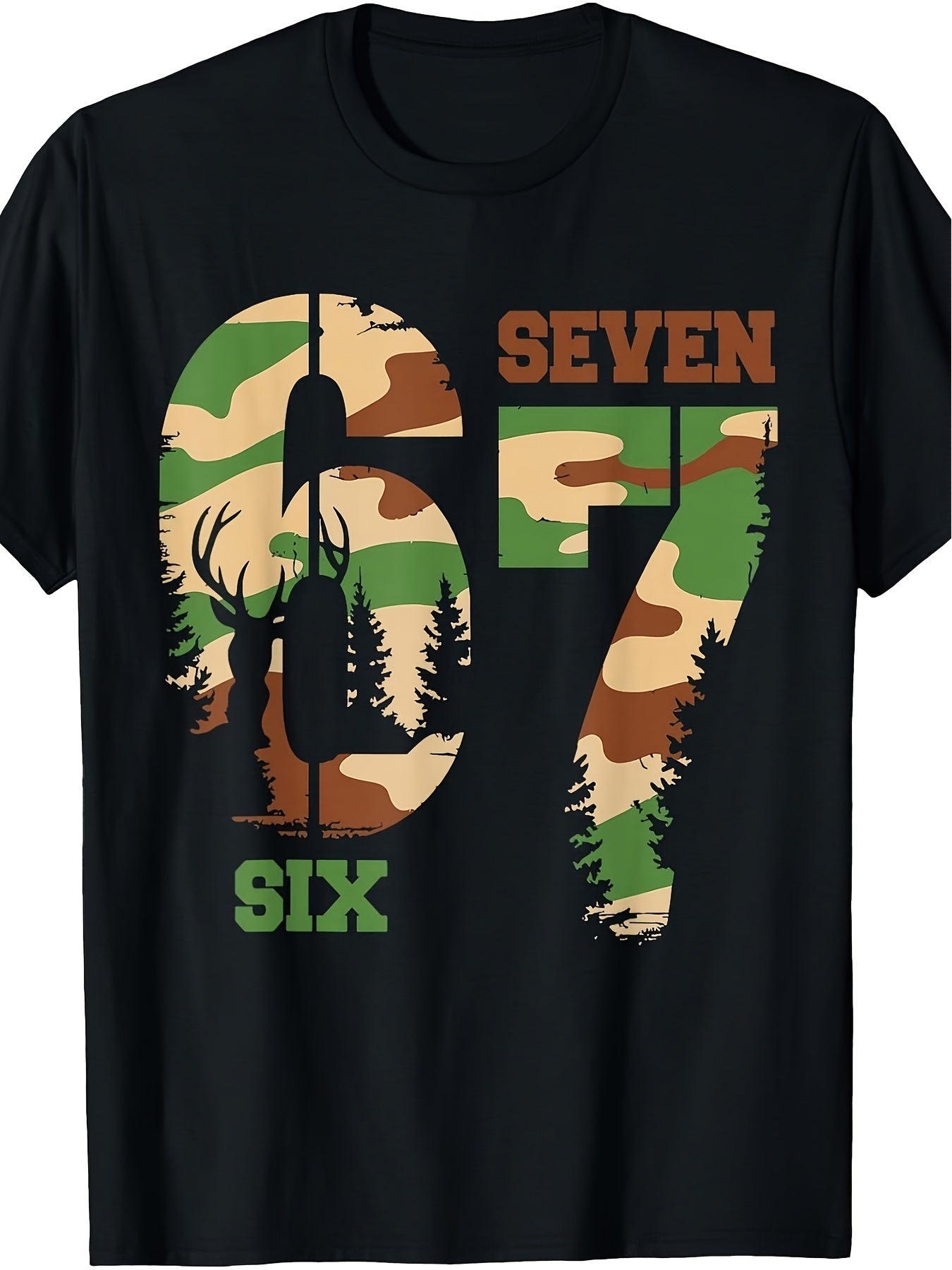 Unisex Casual Camo Graphic T-Shirt (67 Seven Six Design) – Black Short-Sleeve Crew Neck Outdoor Style, Adventure Essential, Relaxed Fit | Wilderness Print T-Shirt | Comfortable Everyday Wear