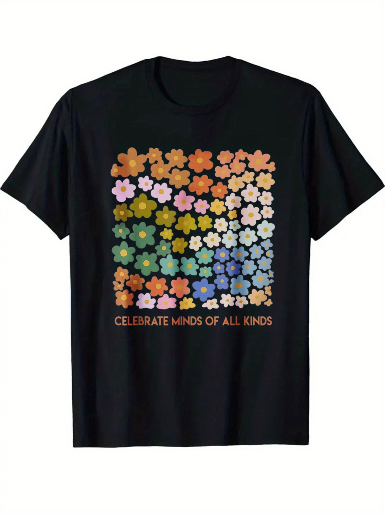 Unisex Floral Celebration T-Shirt (Colorful Flower Pattern) – Black Short-Sleeve Crew Neck Summer Style, Casual Essential, Relaxed Fit | Positive Vibes T-Shirt | Comfortable Everyday Wear