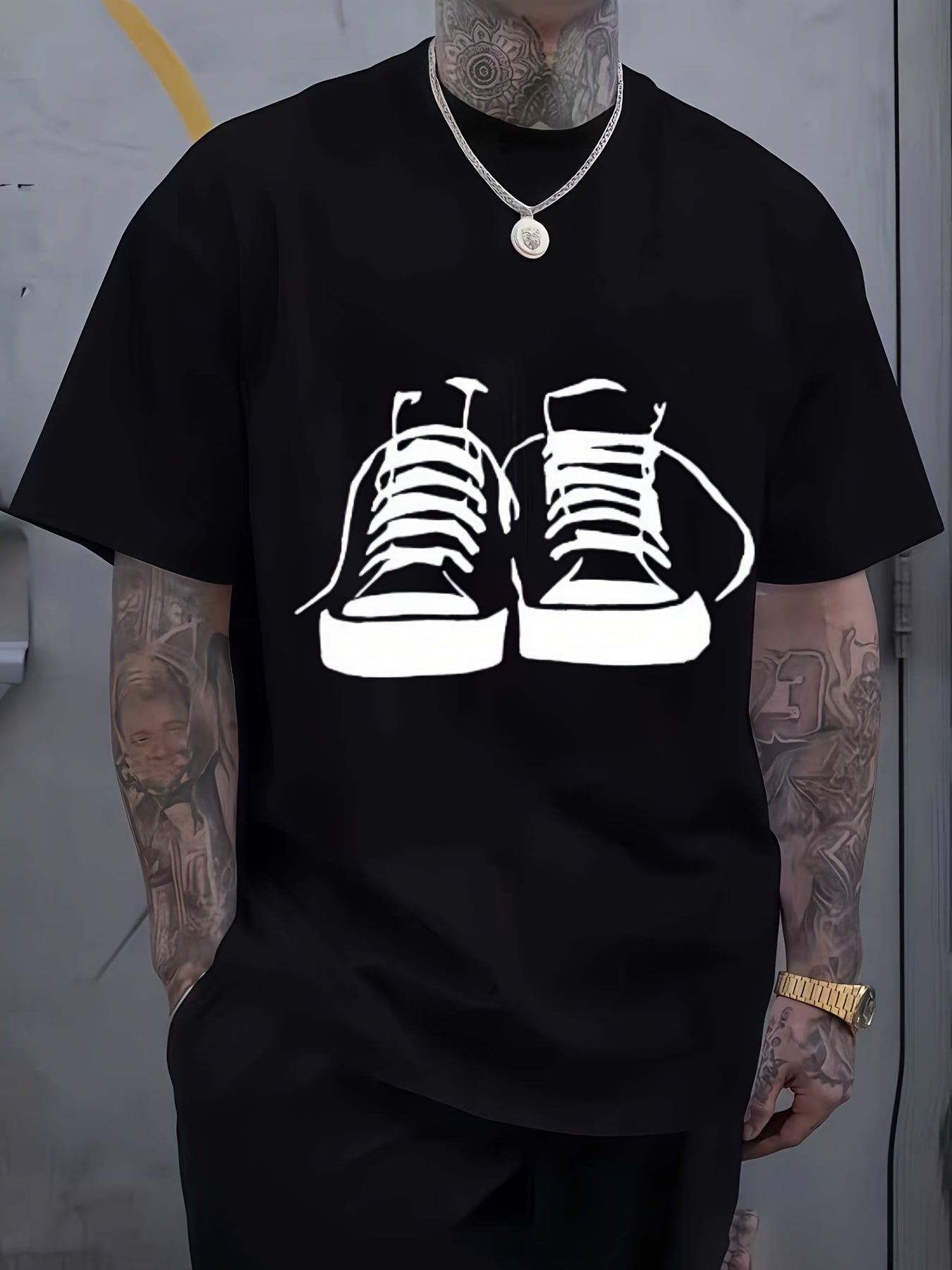 Unisex Casual Graphic T-Shirt (Sneaker Print Design) – Black Short-Sleeve Crew Neck Urban Style, Fashion Staple, Relaxed Fit | Sneaker Tee | Comfortable Everyday Wear