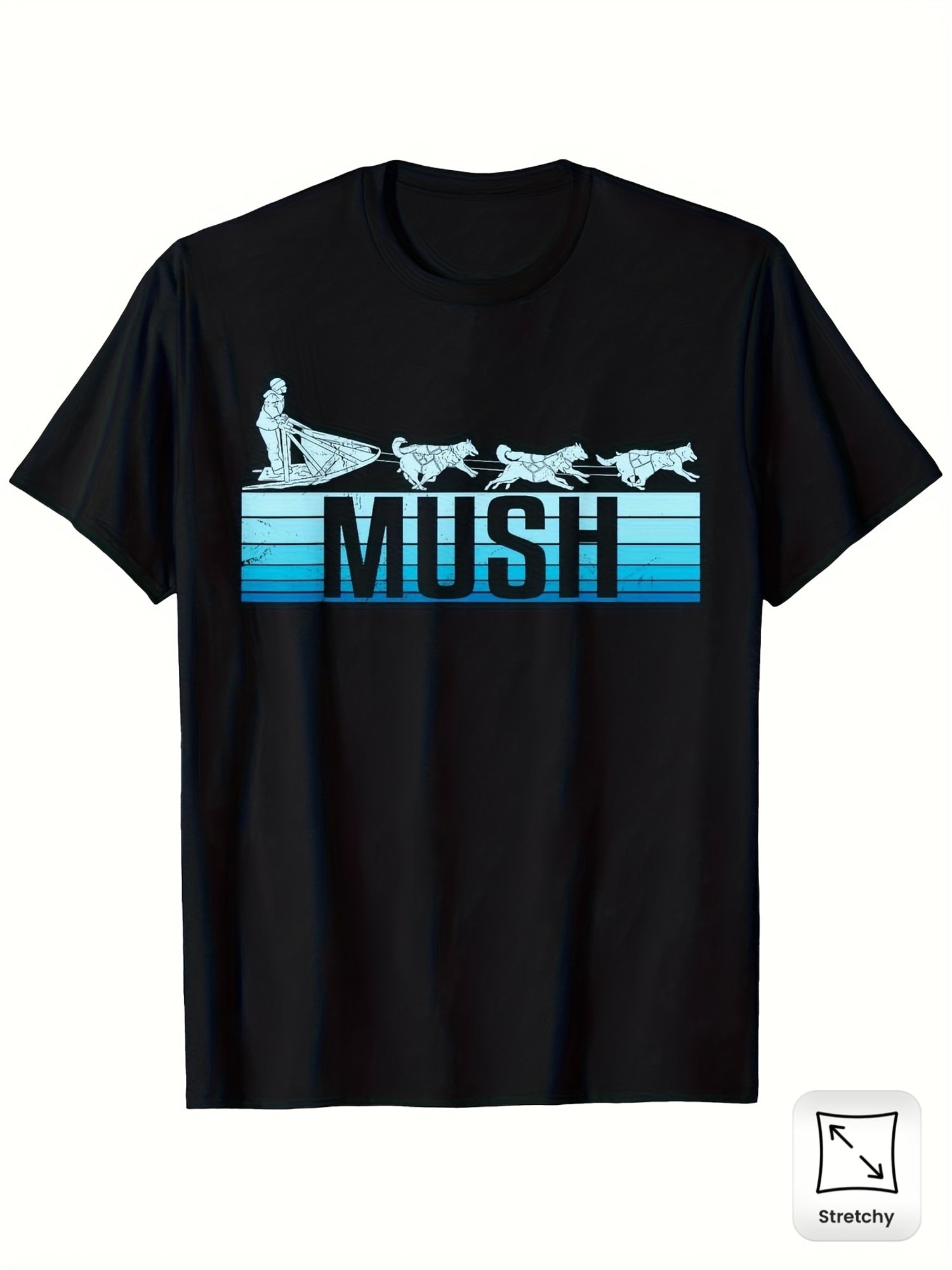 Unisex Casual Printed T-Shirt (Mushing Adventure Graphic) – Black Short-Sleeve Crew Neck Summer Style, Outdoor Enthusiast Essential, Relaxed Fit | Dog Sledding T-Shirt | Comfortable Fit.