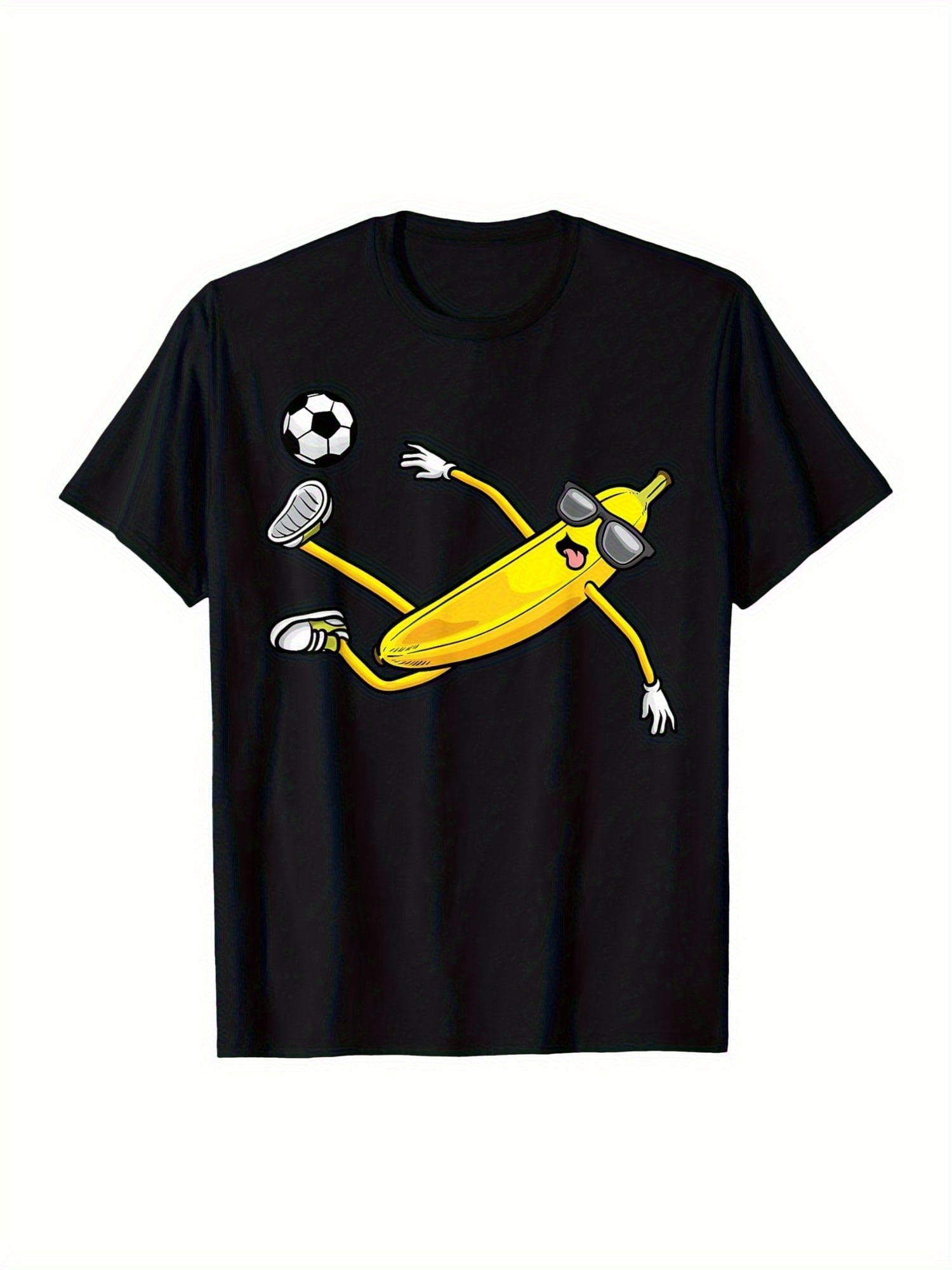 Playful Banana Kicking Soccer Ball T-Shirt – Black Short-Sleeve Crew Neck Fun Design, Summer Style, Casual Essential, Relaxed Fit | Sporty Banana Print T-Shirt | Comfortable Fit