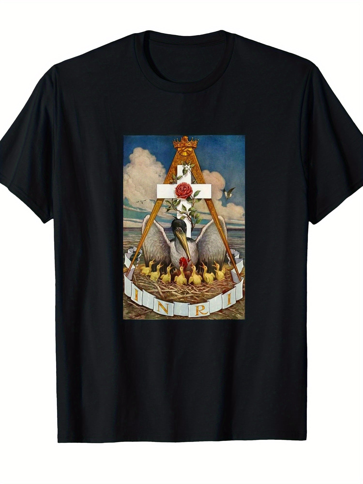 Regal Nest T-Shirt (Artistic Pelican and Rose Design) – Classic Black Short-Sleeve Crew Neck, Summer Essential, Relaxed Fit | Unique Print T-Shirt | Perfectly Comfortable for Any Occasion.