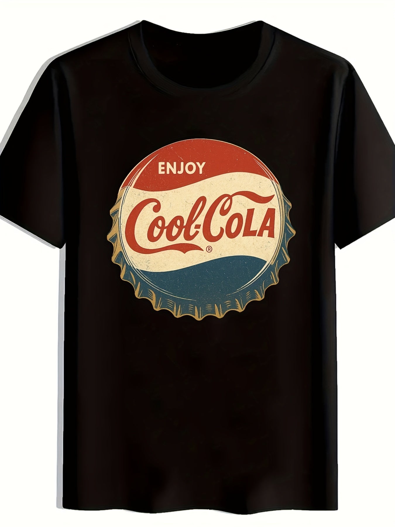 Vintage-Inspired Unisex Casual Printed T-Shirt (Retro Soda Cap Design) – Classic Black Short-Sleeve Crew Neck Summer Essential, Relaxed Fit | Enjoy Cool-Cola T-Shirt | Nostalgic Comfort and Style