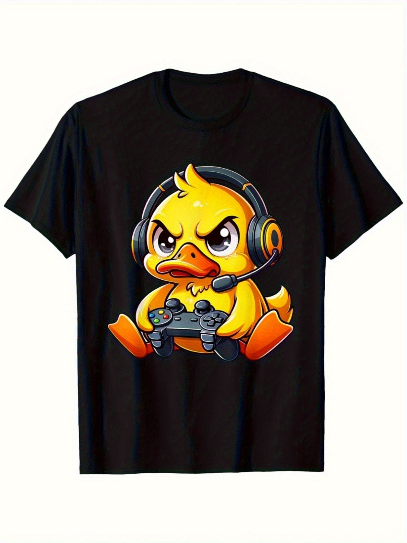 Unisex Gaming Duck T-Shirt (Angry Duck with Headphones and Controller) – Black Short-Sleeve Crew Neck Summer Style, Casual Essential, Relaxed Fit | Fun Gamer T-Shirt | Comfortable Fit for All Ages