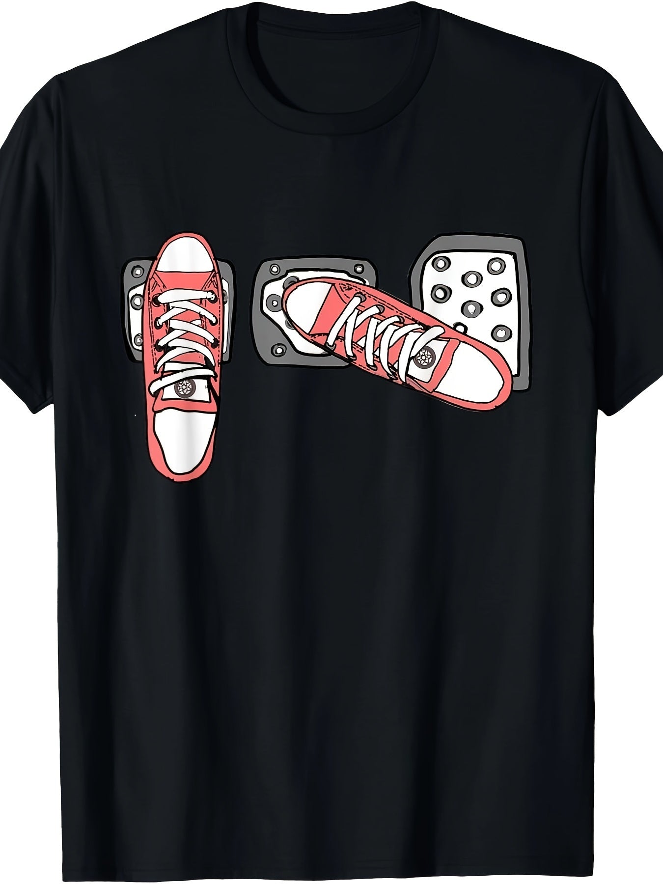Unisex Casual Printed T-Shirt (Retro Sneaker Design with Pedal Graphics) – Black Short-Sleeve Crew Neck Summer Style, Trendy Essential, Relaxed Fit | Cool Kicks T-Shirt | Comfortable Wear for Everyday Adventures