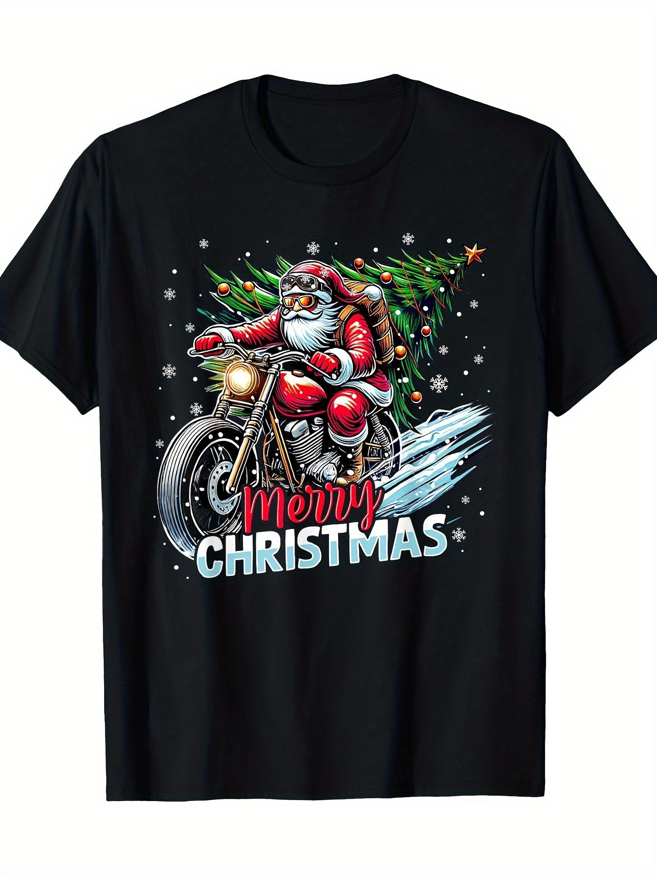 Festive Santa on a Motorcycle T-Shirt – Black Short-Sleeve Crew Neck, Fun Holiday Design, Cool Casual Style | Merry Christmas T-Shirt | Comfortable and Cozy Fit for Winter Adventures