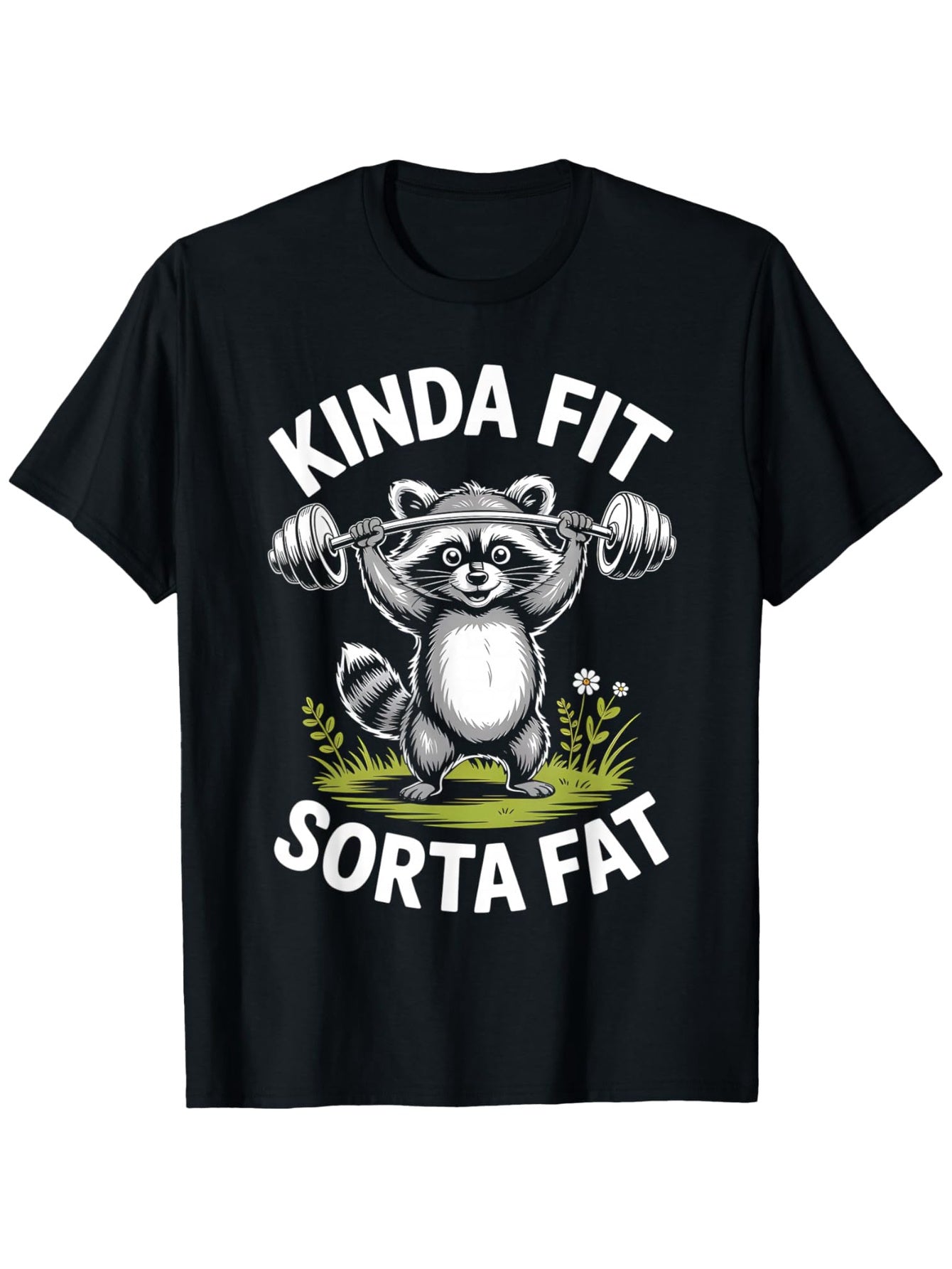 Kinda Fit Sorta Fat Graphic T-Shirt – Cute Raccoon with Barbell Design – Black Short-Sleeve Crew Neck for Summer Fun, Casual Essential, Relaxed Fit | Playful Animal Print T-Shirt | Comfortable Everyday Wear