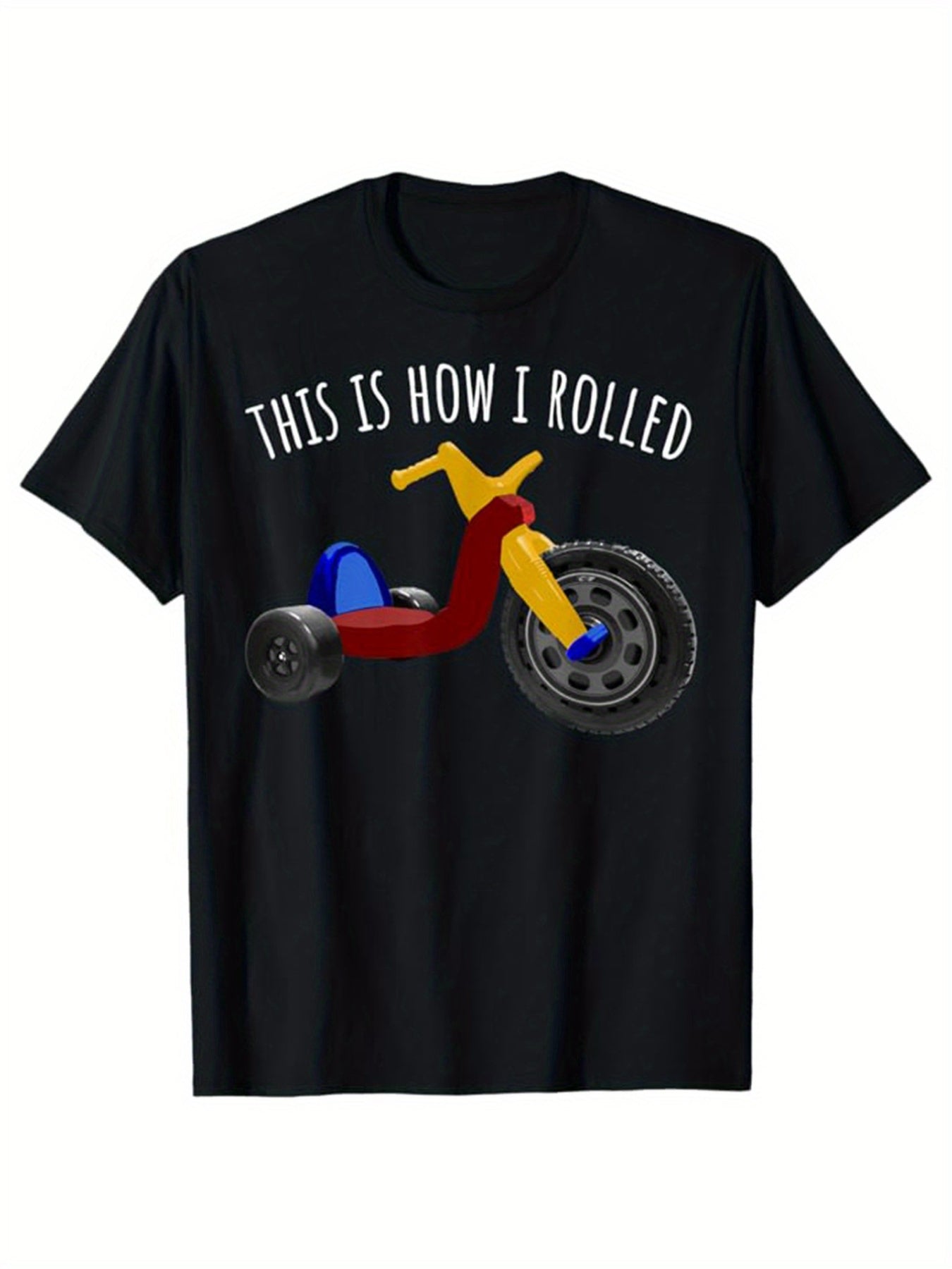 Unisex Fun Graphic T-Shirt (Playful Tricycle Design) – Black Short-Sleeve Crew Neck Casual Style, Whimsical Statement, Relaxed Fit | Humorous Print T-Shirt | Easygoing Comfort for Everyday Wear