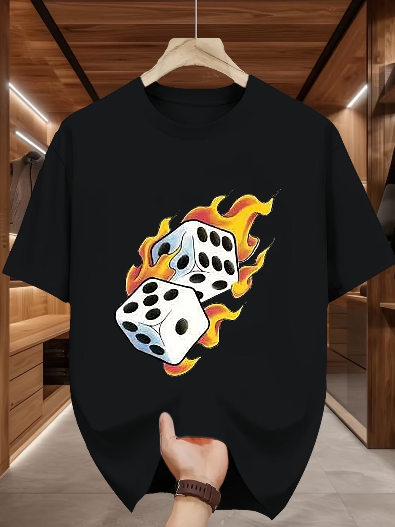 Flaming Dice Graphic T-Shirt – Black Short-Sleeve Crew Neck Summer Style, Unisex Casual Essential, Relaxed Fit | Bold Statement T-Shirt | Comfortable Fit for Game Night and Beyond.