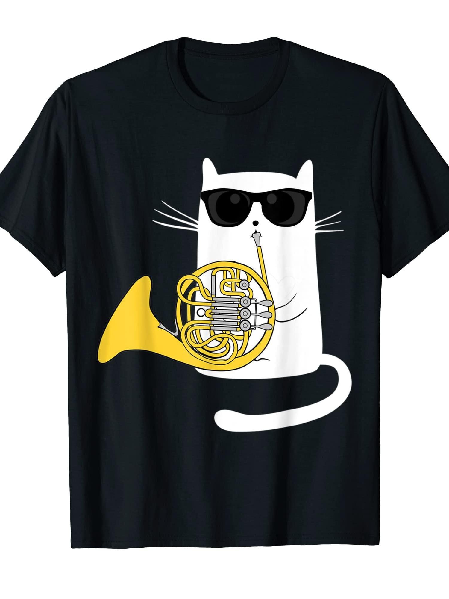 Cool Cat Playing French Horn Unisex T-Shirt – Black Short-Sleeve Crew Neck Summer Vibe, Fun and Quirky Style, Relaxed Fit | Music Lover T-Shirt | Soft and Comfortable Wear