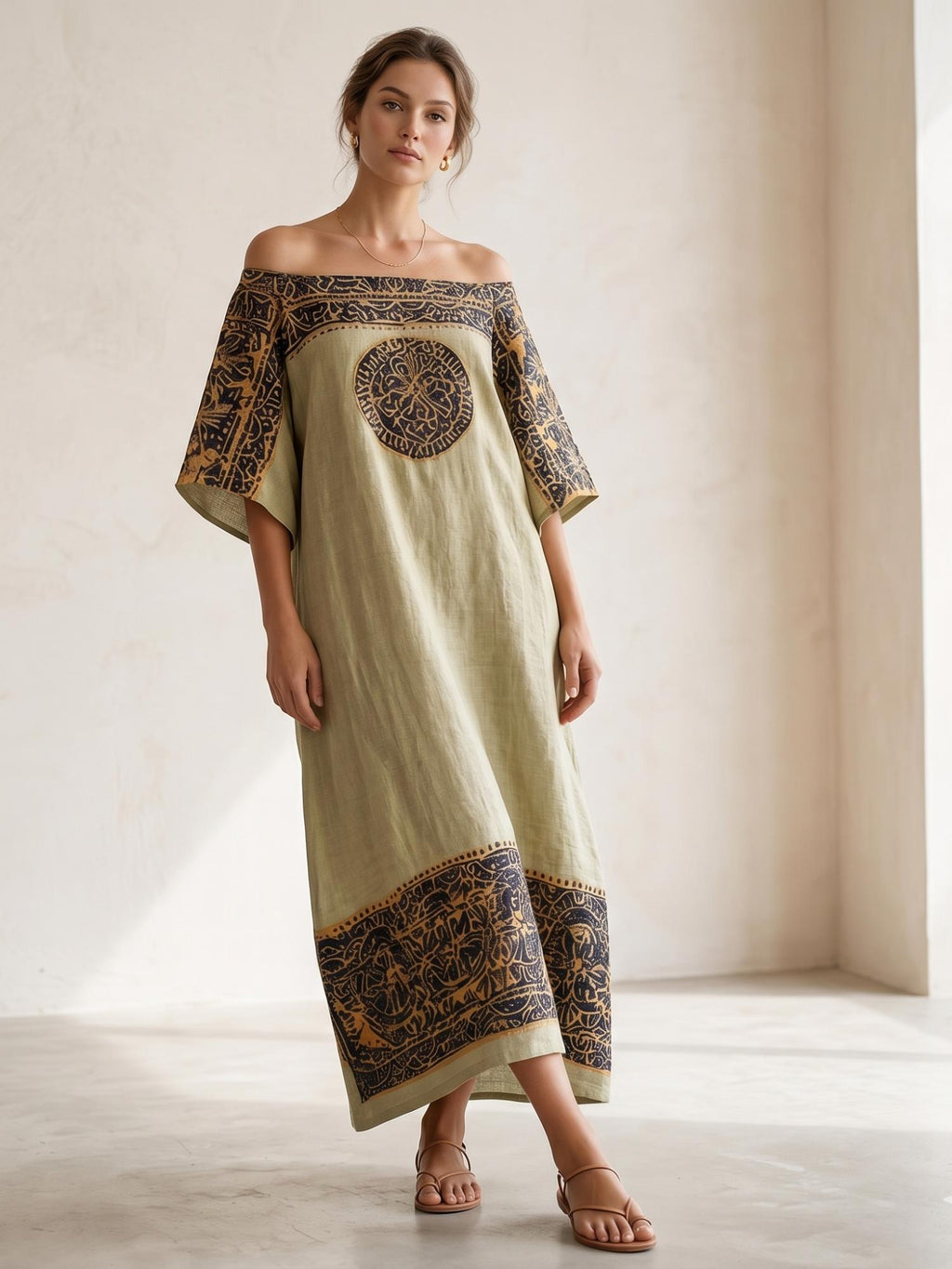 Women Off Shoulder Geometric Maxi Dress Loose Fit Hollow Out Pocket Summer Casual Vacation Dress Boho Ethnic Long Dress 2026