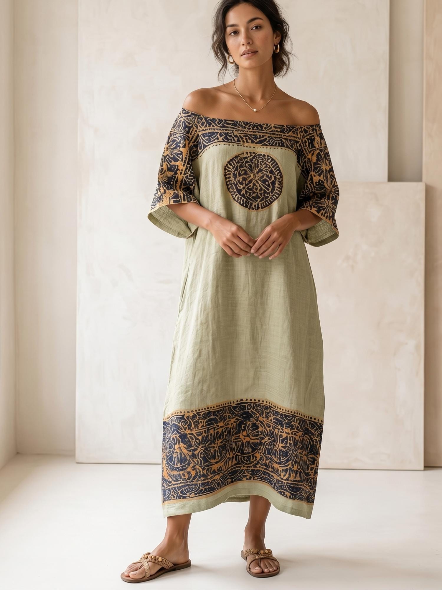 Women Off Shoulder Geometric Maxi Dress Loose Fit Hollow Out Pocket Summer Casual Vacation Dress Boho Ethnic Long Dress 2026