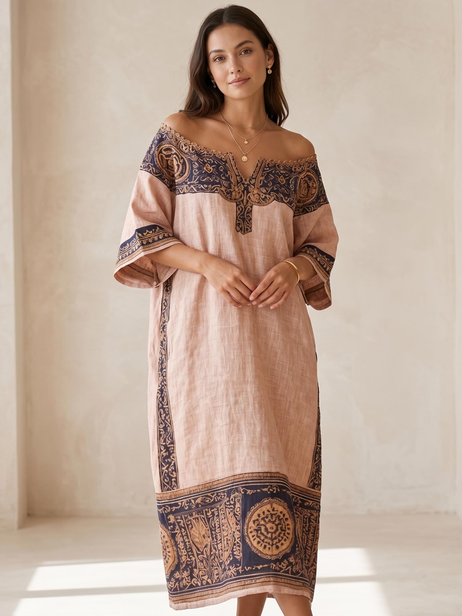 Women Off Shoulder Geometric Maxi Dress Loose Fit Hollow Out Pocket Summer Casual Vacation Dress Boho Ethnic Long Dress 2026