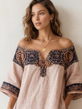 Women Off Shoulder Geometric Maxi Dress Loose Fit Hollow Out Pocket Summer Casual Vacation Dress Boho Ethnic Long Dress 2026