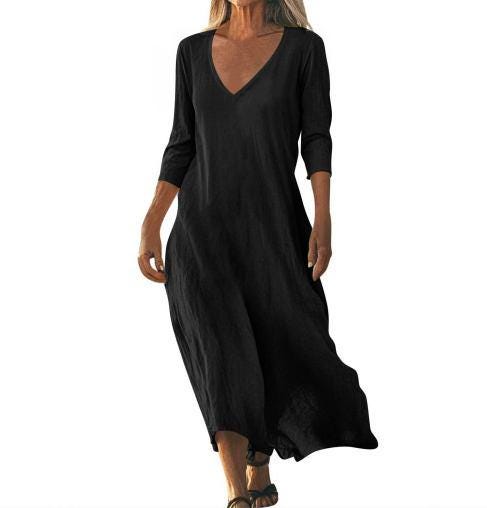 Linen Midi Dress Women Loose Cotton Minimalist Flowy Casual Outfit Elegant Everyday Wear