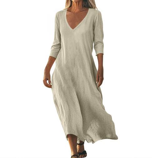 Linen Midi Dress Women Loose Cotton Minimalist Flowy Casual Outfit Elegant Everyday Wear