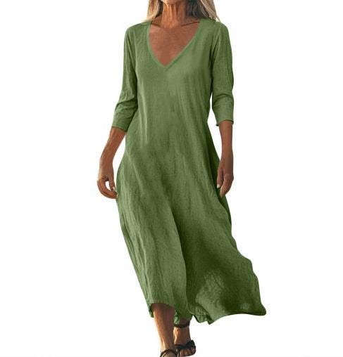 Linen Midi Dress Women Loose Cotton Minimalist Flowy Casual Outfit Elegant Everyday Wear