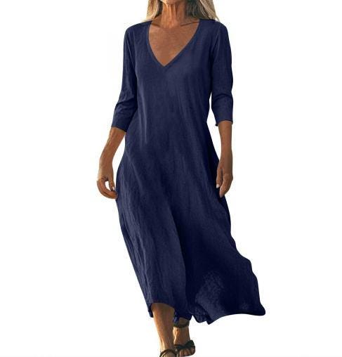 Linen Midi Dress Women Loose Cotton Minimalist Flowy Casual Outfit Elegant Everyday Wear