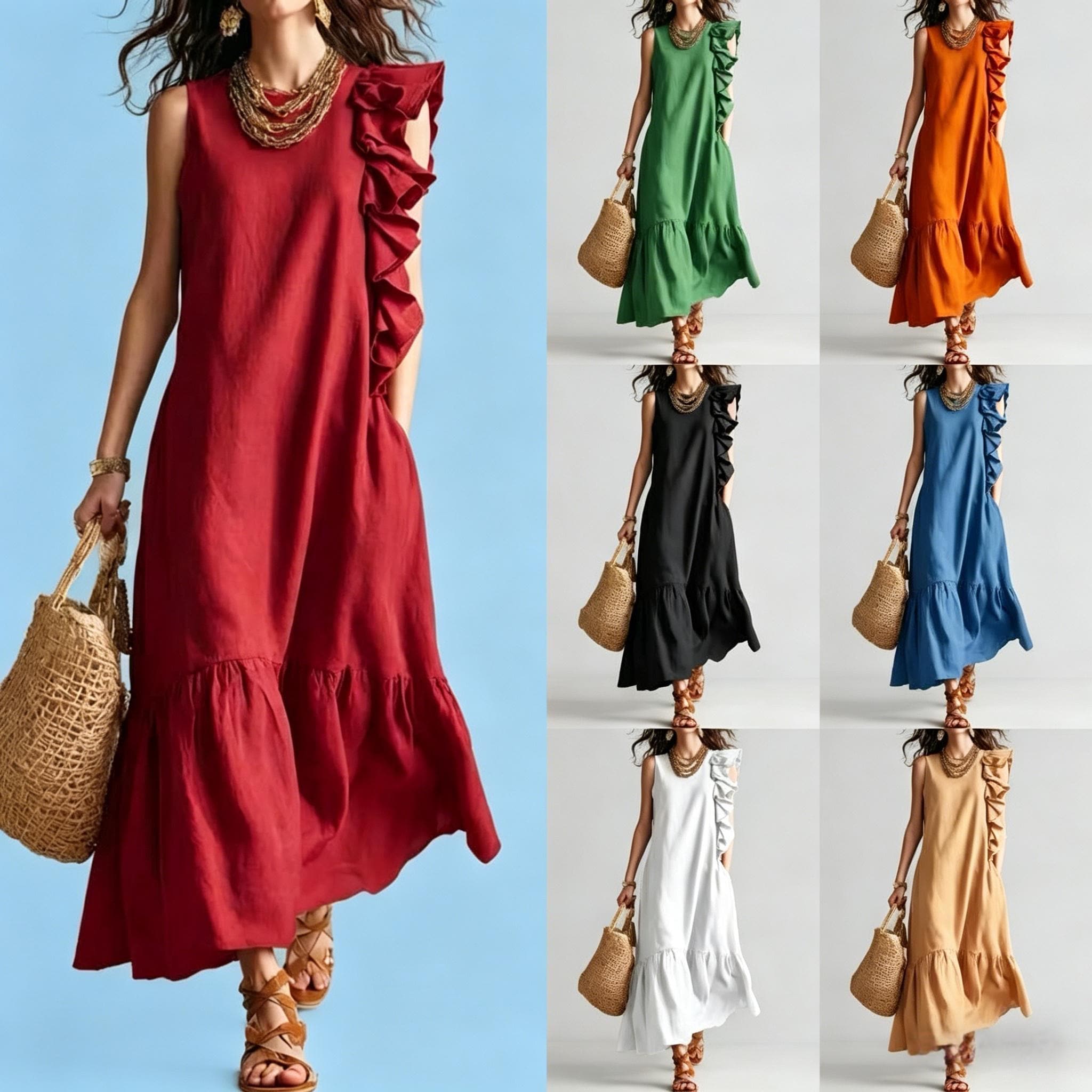 Women's Sleeveless Ruffle Shoulder Maxi Dress, Solid Color Linen Blend Elegant Long Dress, Casual Daily Wear Vacation Boho Dress with Pocke