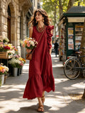 Women's Sleeveless Ruffle Shoulder Maxi Dress, Solid Color Linen Blend Elegant Long Dress, Casual Daily Wear Vacation Boho Dress with Pocke