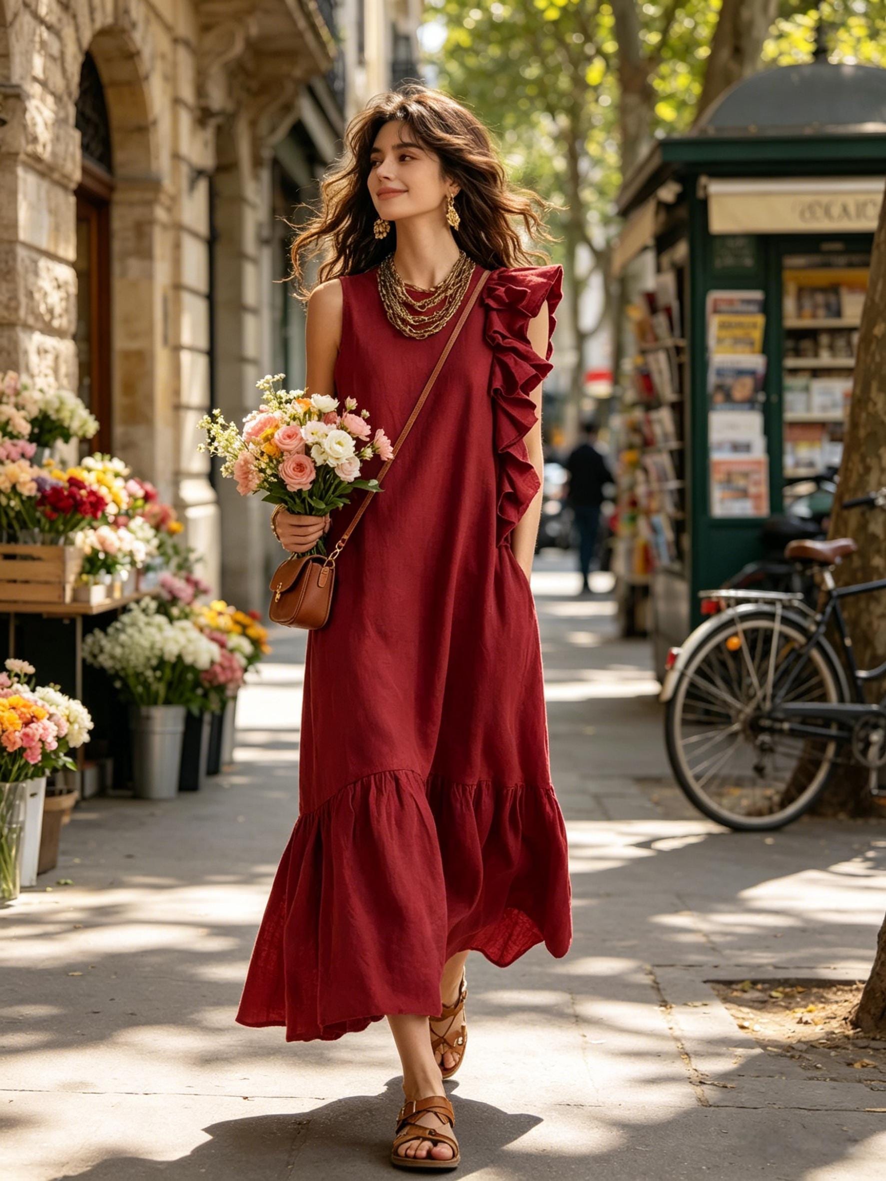 Women's Sleeveless Ruffle Shoulder Maxi Dress, Solid Color Linen Blend Elegant Long Dress, Casual Daily Wear Vacation Boho Dress with Pocke