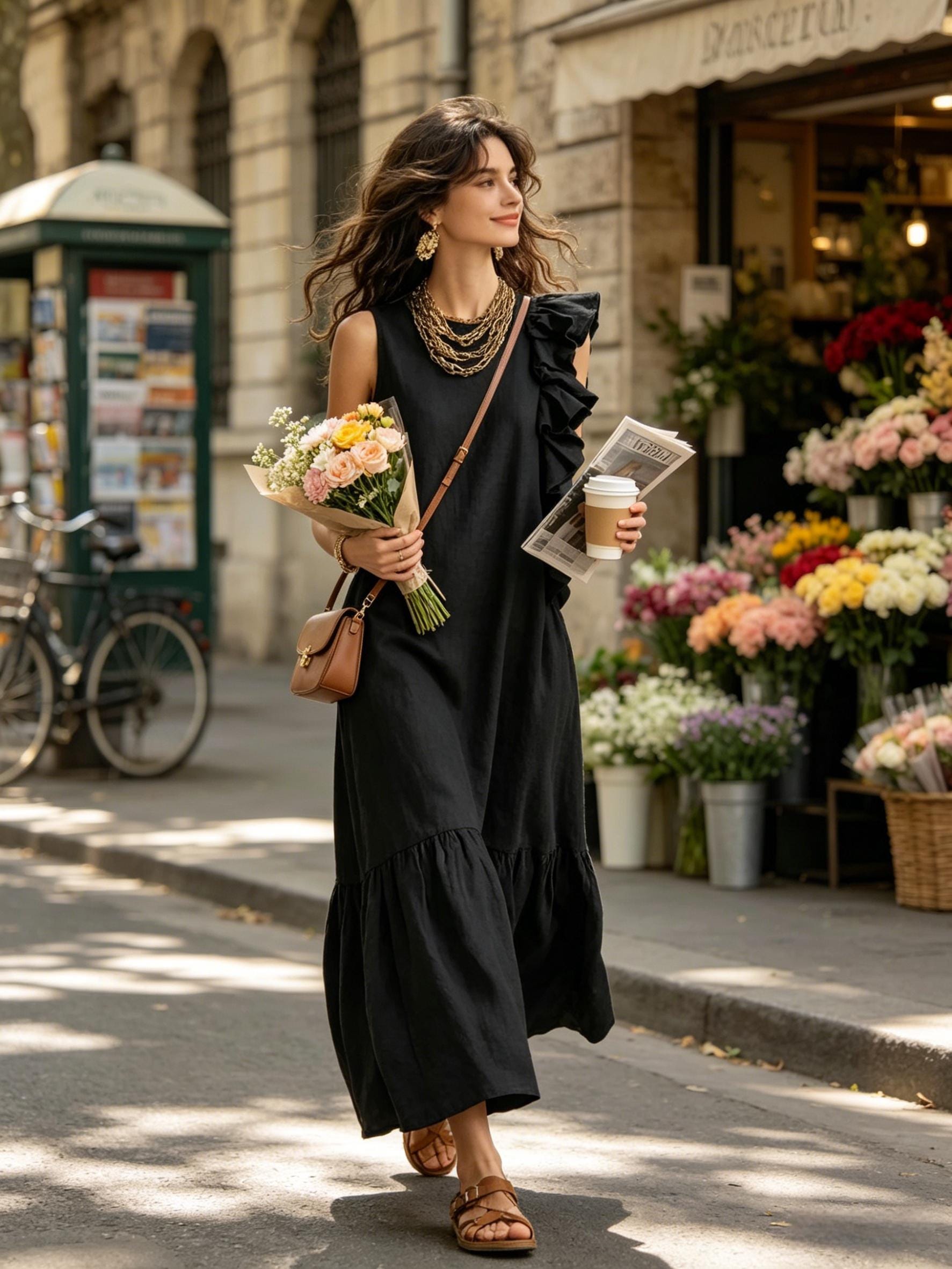 Women's Sleeveless Ruffle Shoulder Maxi Dress, Solid Color Linen Blend Elegant Long Dress, Casual Daily Wear Vacation Boho Dress with Pocke