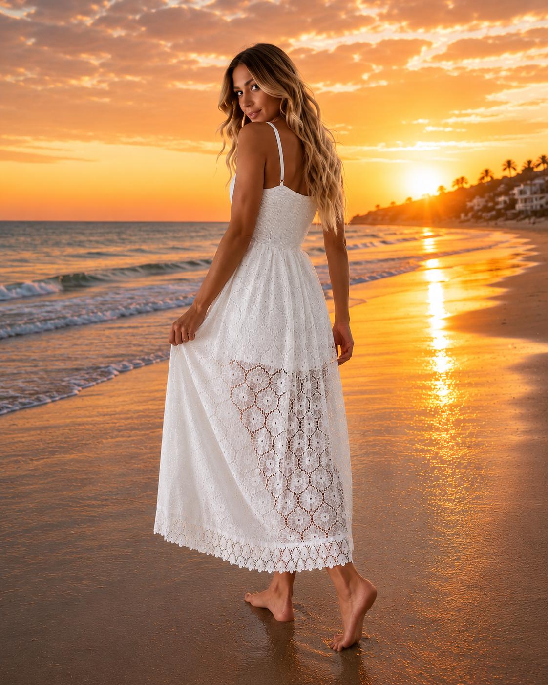 Women Summer Boho Lace Sheer Maxi Dress, V-Neck Hollow-Out Wedding Guest Outfit, Beach Vacation Dress, Elegant Resort Wear