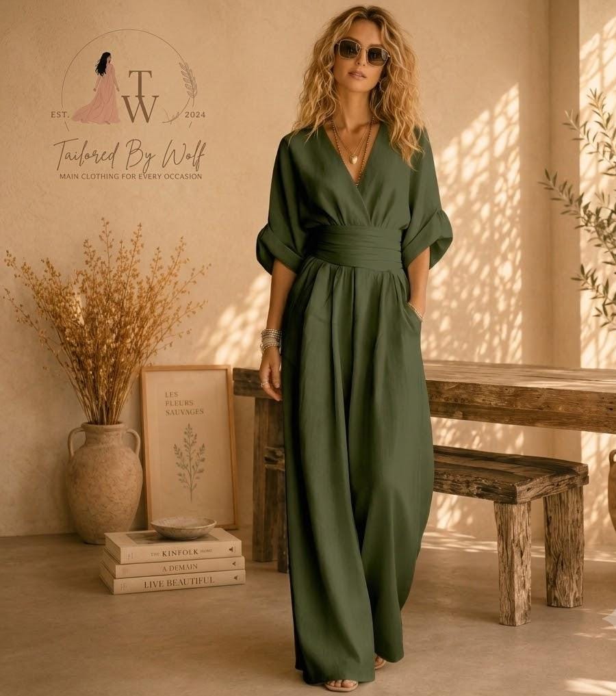 Women's Cotton Blend Button Collar Long Sleeve Maxi Dress | Elegant Dress
