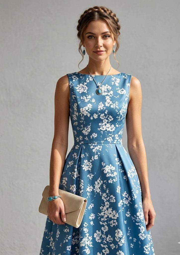 French Vintage Floral A-Line Midi Dress, Round Neck Short Sleeve Summer Elegance