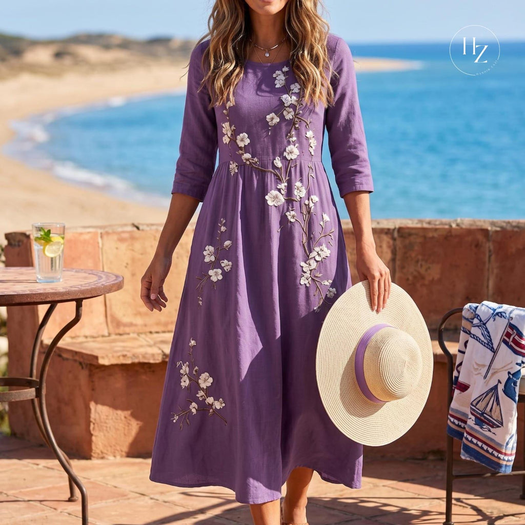 Women's Bohemian Floral Embroidery Maxi Dress | High Waisted A-Line Summer Vacation Dress