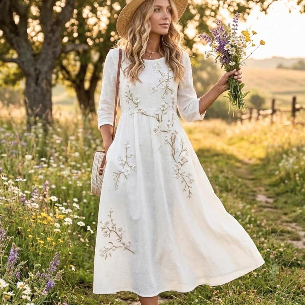 Women's Bohemian Floral Embroidery Maxi Dress | High Waisted A-Line Summer Vacation Dress