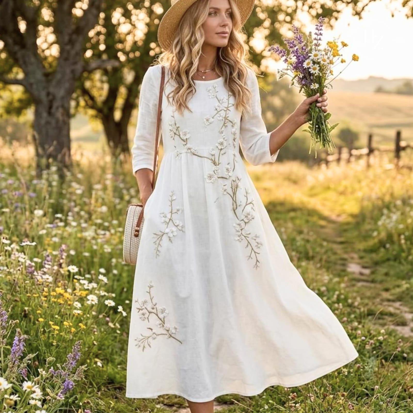 Women's Bohemian Floral Embroidery Maxi Dress | High Waisted A-Line Summer Vacation Dress
