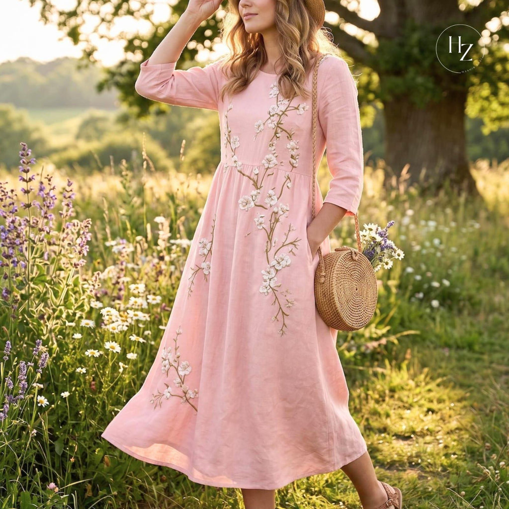 Women's Bohemian Floral Embroidery Maxi Dress | High Waisted A-Line Summer Vacation Dress