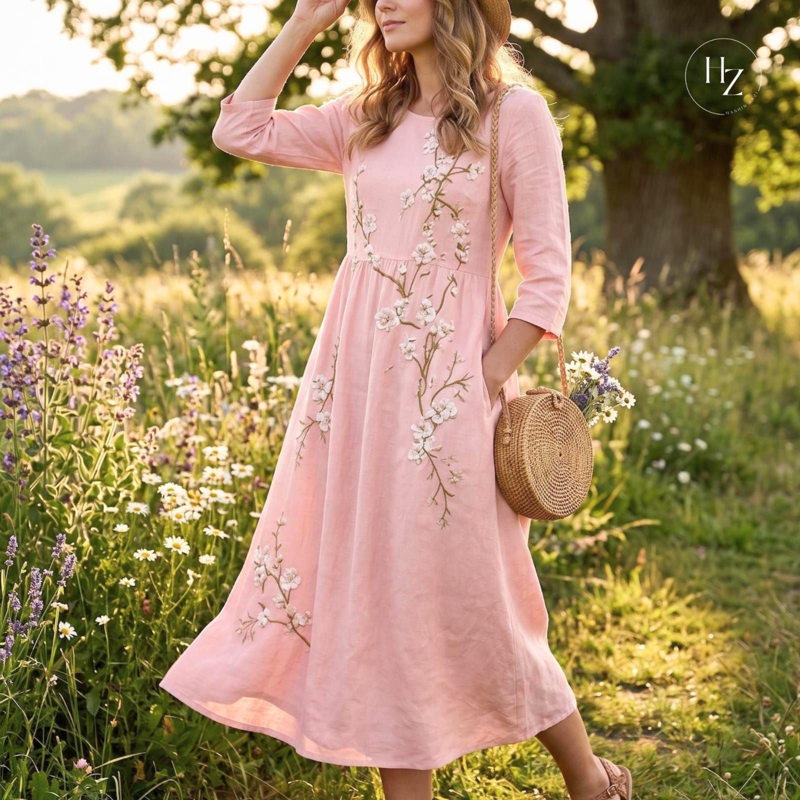 Women's Bohemian Floral Embroidery Maxi Dress | High Waisted A-Line Summer Vacation Dress