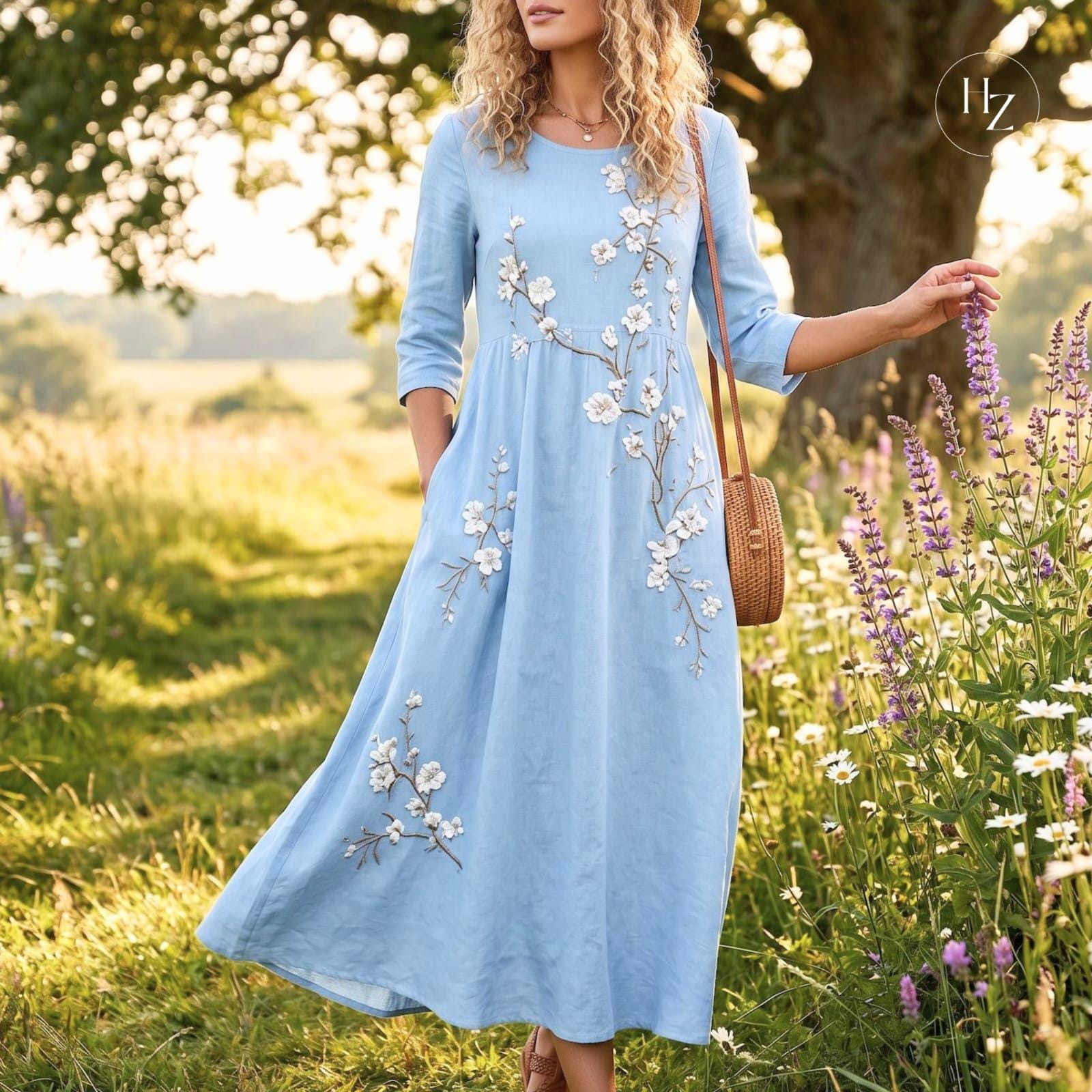 Women's Bohemian Floral Embroidery Maxi Dress | High Waisted A-Line Summer Vacation Dress
