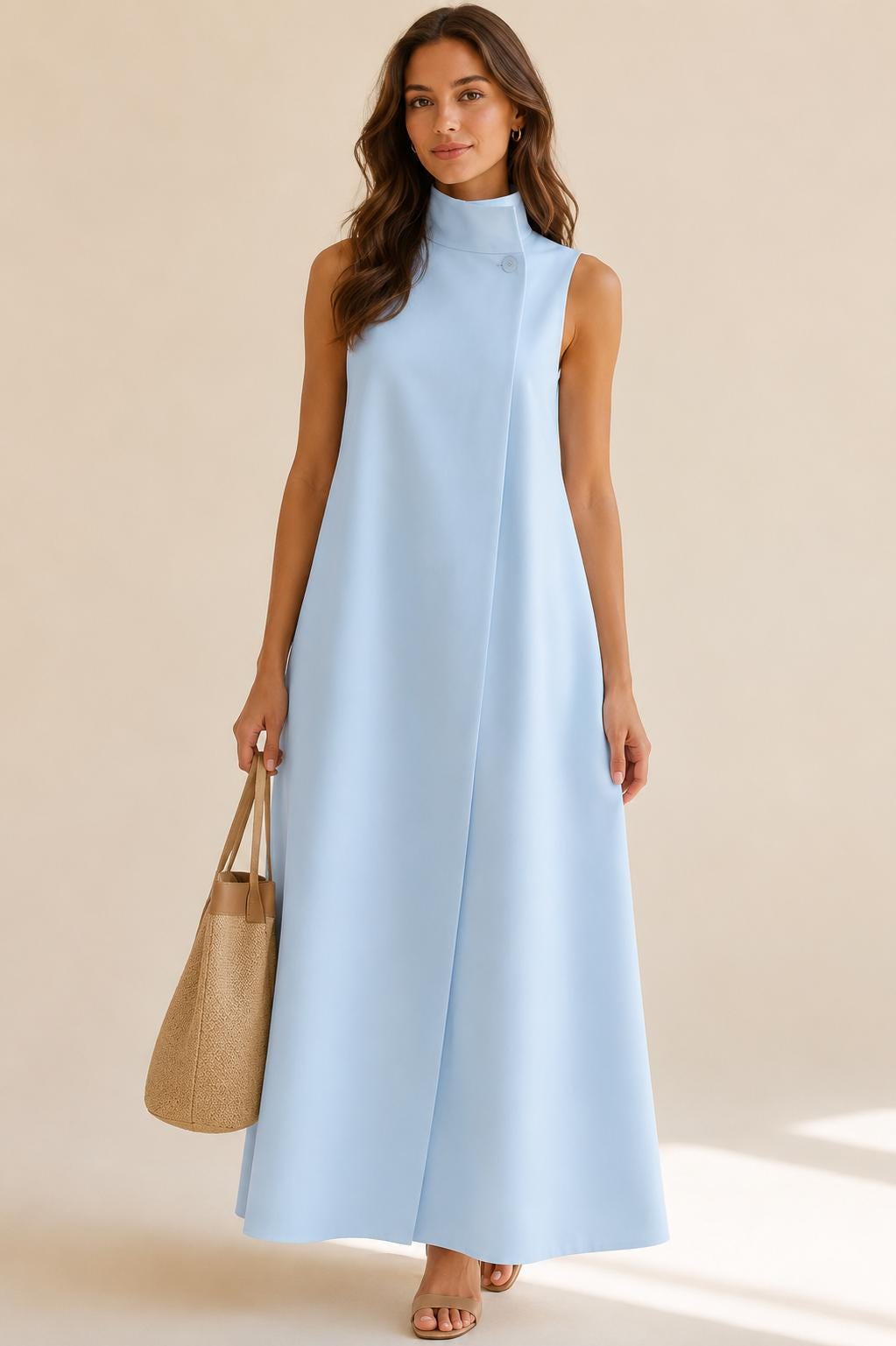 Elegant High Neck Maxi Dress Sleeveless A-Line Bohemian Spring Summer Outfit