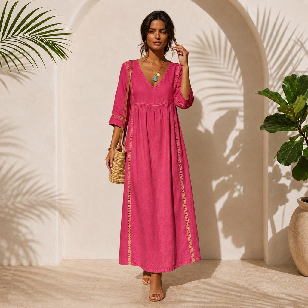 Long Cotton Linen Dress, Bohemian Summer Dress, V-Neck Lace Maxi Dress, Flowy Vacation Dress, Beach Resort Dress, maxi dress midi dress