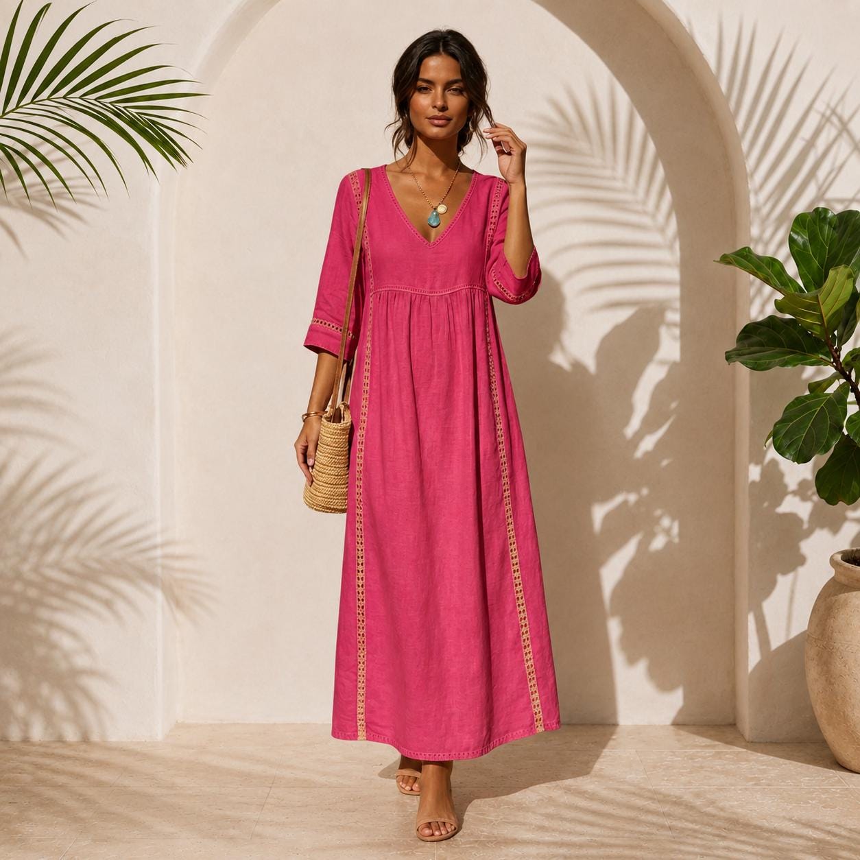 Long Cotton Linen Dress, Bohemian Summer Dress, V-Neck Lace Maxi Dress, Flowy Vacation Dress, Beach Resort Dress, maxi dress midi dress