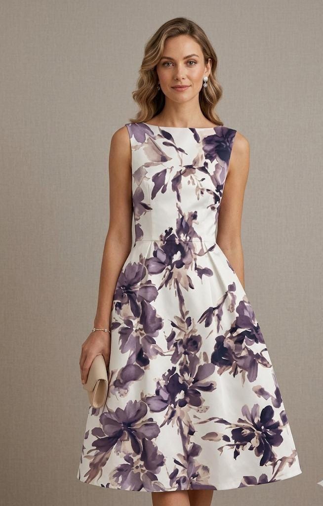 French Vintage Floral A-Line Midi Dress, Round Neck Short Sleeve Summer Elegance