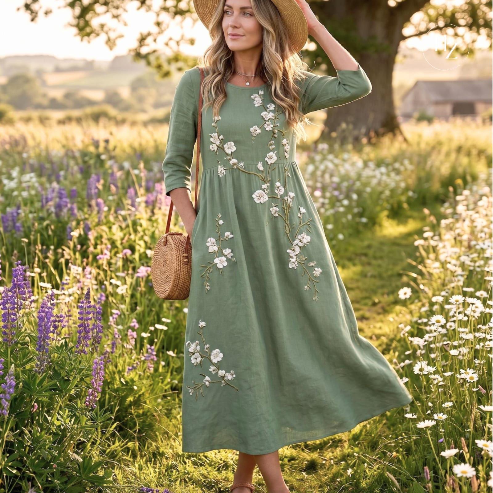 Women's Bohemian Floral Embroidery Maxi Dress | High Waisted A-Line Summer Vacation Dress