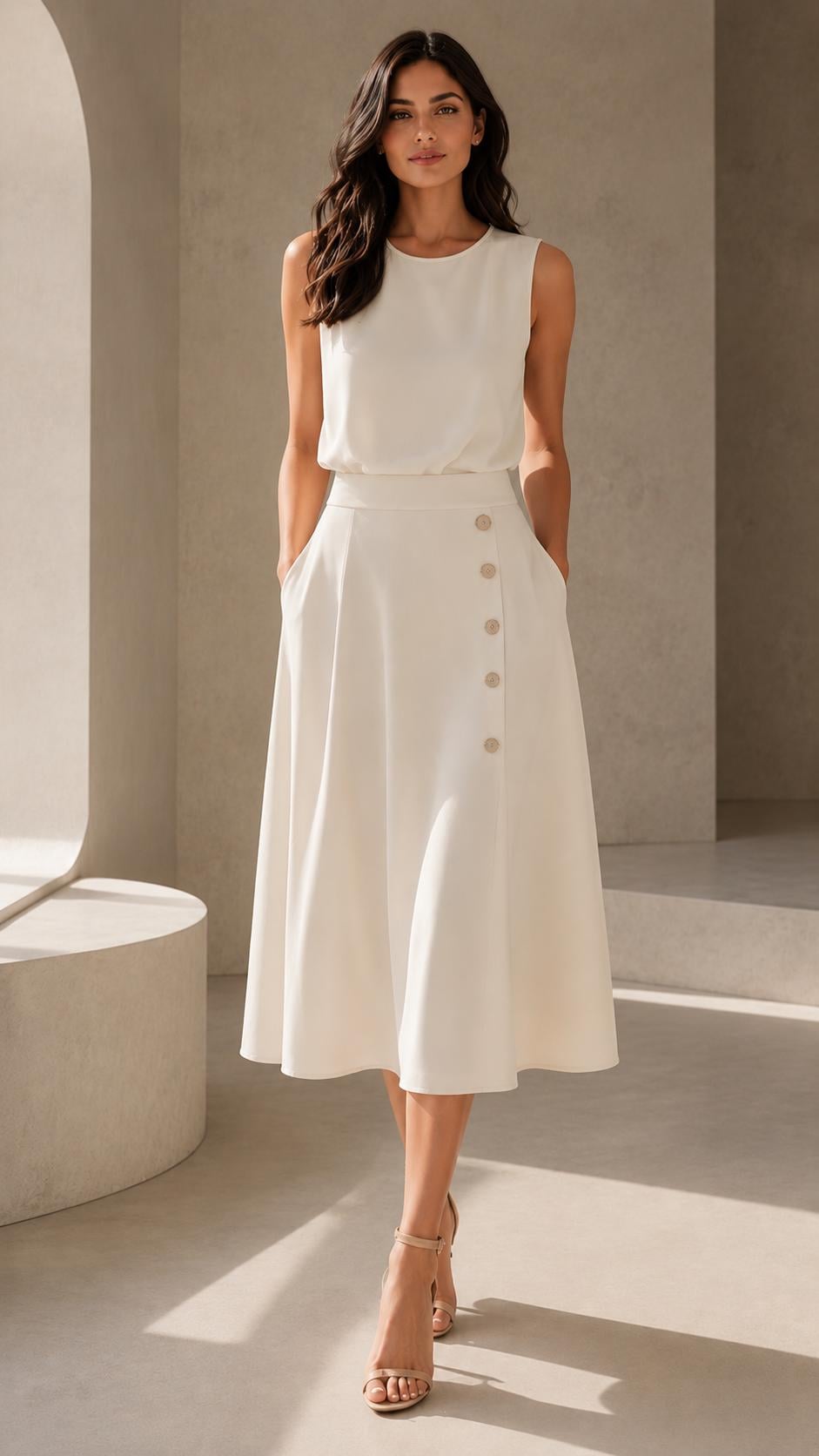Elegant Sleeveless High-Waisted Button Midi Office Dress Split Front Summer Women's Minimalist Ivory