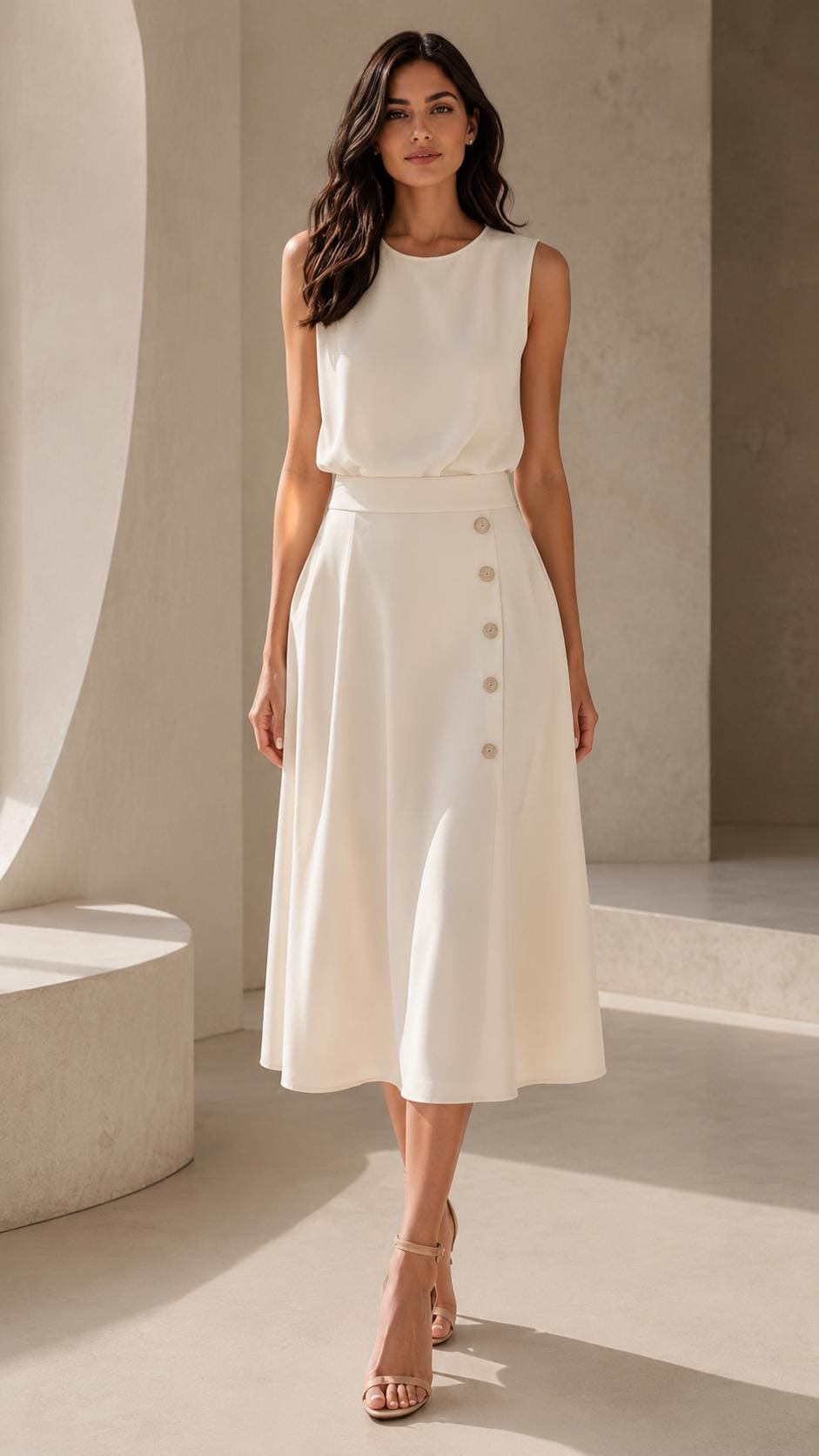 Elegant Sleeveless High-Waisted Button Midi Office Dress Split Front Summer Women's Minimalist Ivory